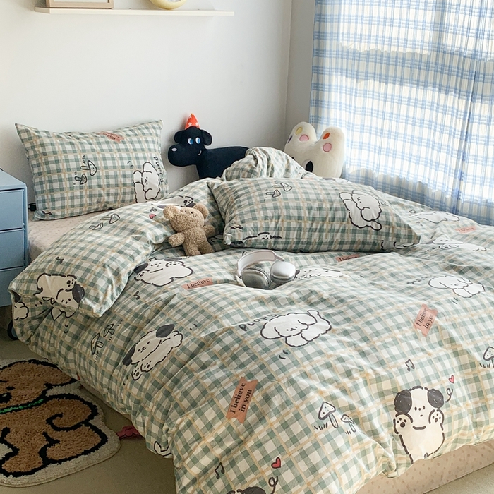 91家纺网 家纺一手货源 找家纺 昔可家纺 2023新款12月卡通全棉四件套 绿格子狗狗