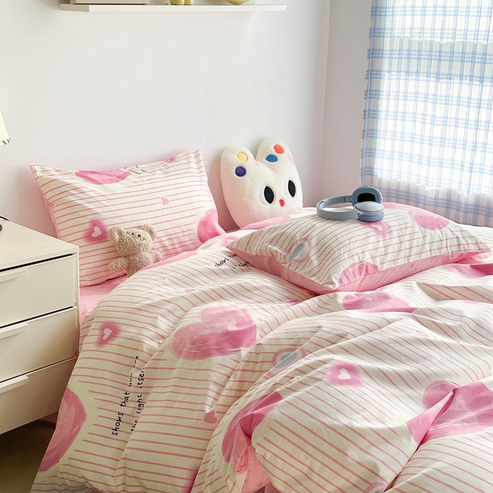 91家纺网 家纺一手货源 找家纺 昔可家纺 2024新款简约风全棉四件套 粉条爱心