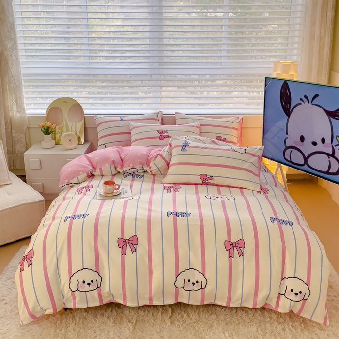 91家纺网 家纺一手货源 找家纺 金丝鸟 2024新款全棉四件套可爱卡通系列四件套 条纹小白狗