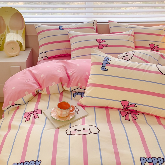 91家纺网 家纺一手货源 找家纺 金丝鸟 2024新款全棉四件套可爱卡通系列四件套 条纹小白狗