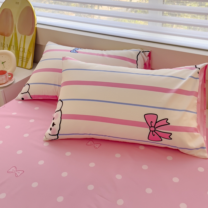 91家纺网 家纺一手货源 找家纺 金丝鸟 2024新款全棉四件套可爱卡通系列四件套 条纹小白狗