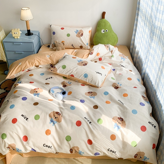 91家纺网 家纺一手货源 找家纺 昔可家纺 2023新款12月卡通全棉四件套 彩波点小狗