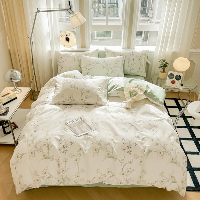 91家纺网 家纺一手货源 找家纺 简宜家居 2025新款40支13070全棉斜纹繁花系列四件套 雪滴花