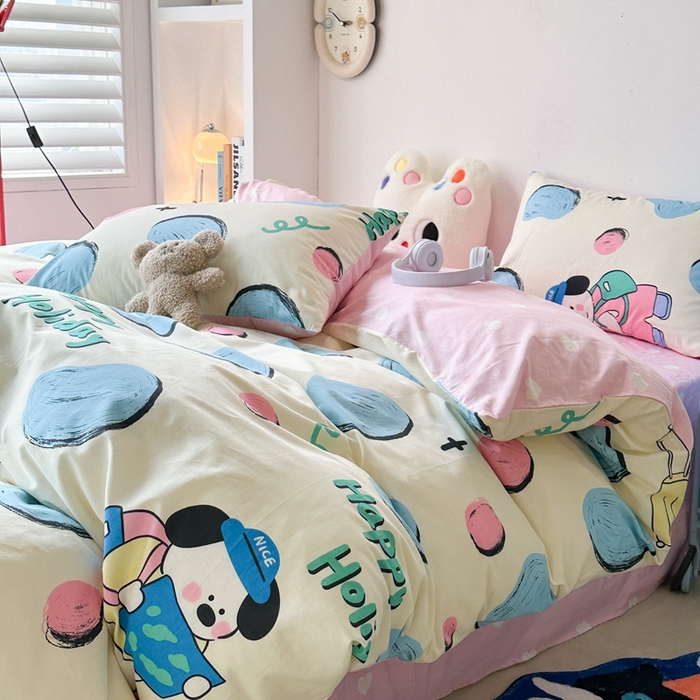 91家纺网 家纺一手货源 找家纺 昔可家纺 2024新款潮趣卡通系列全棉四件套 奶牛块狗狗