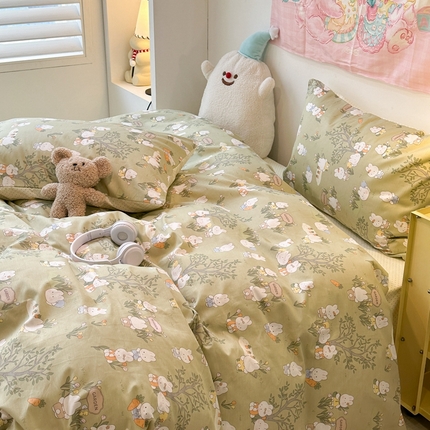 昔可家纺 2024新款小清新系列全棉四件套 绿森林小兔