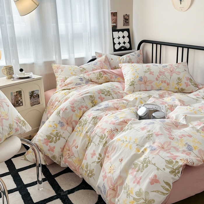 91家纺网 家纺一手货源 找家纺 简宜家居 2025新款40支13070全棉斜纹繁花系列四件套 卉芽粉