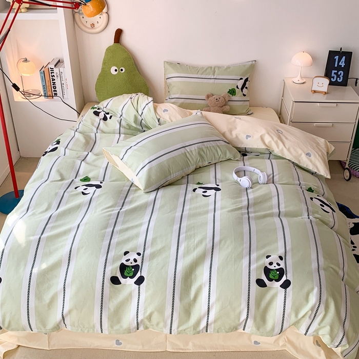 91家纺网 家纺一手货源 找家纺 昔可家纺 2024新款潮趣卡通系列全棉四件套 绿条熊猫