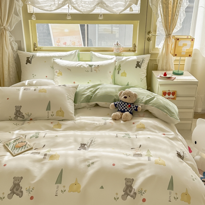 91家纺网 家纺一手货源 找家纺 简宜家居 2025新款40支13070全棉斜纹卡通系列四件套（系列二） 树呆熊