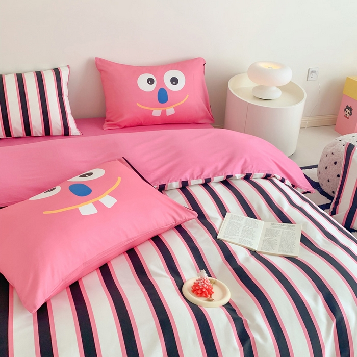 91家纺网 家纺一手货源 找家纺 澳萝拉 2024新款全棉条纹卡通大版四件套 小丑条纹-粉