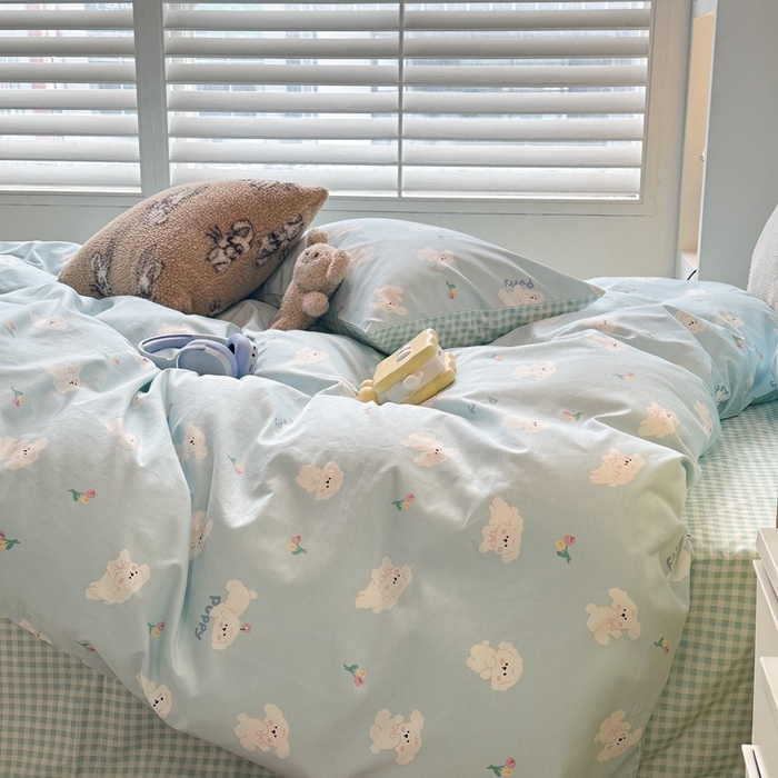 91家纺网 家纺一手货源 找家纺 昔可家纺 2024新款小清新系列全棉四件套 蓝底小奶狗