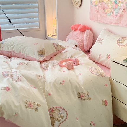 昔可家纺 2024新款小清新系列全棉四件套 蘑菇小兔熊