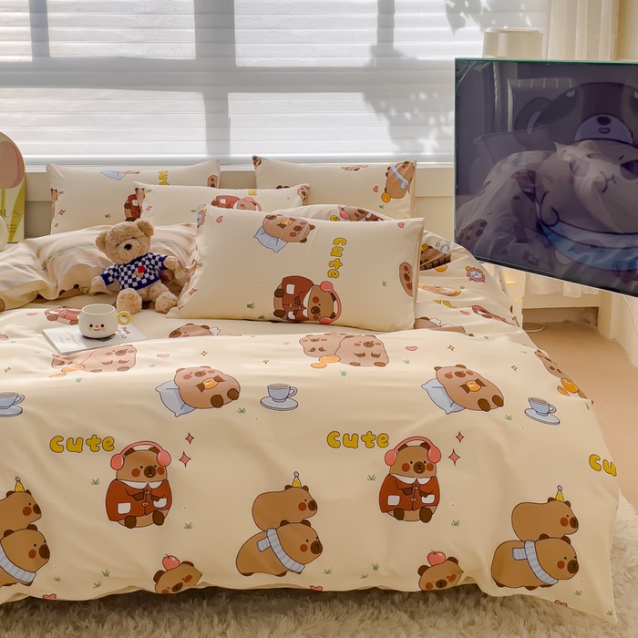 91家纺网 家纺一手货源 找家纺 金丝鸟 2024新款全棉四件套可爱卡通系列四件套 音乐皮卡