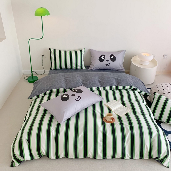 91家纺网 家纺一手货源 找家纺 澳萝拉 2024新款全棉条纹卡通大版四件套 熊猫条纹-绿