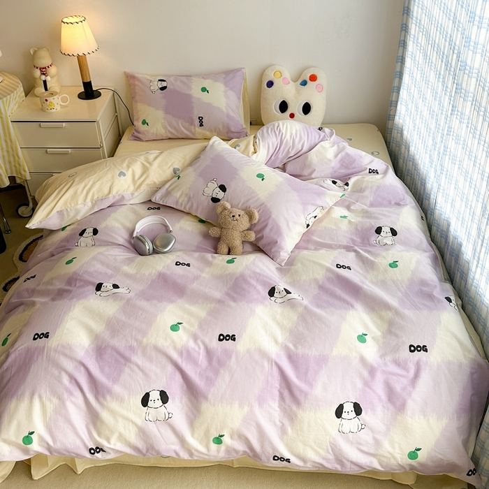 91家纺网 家纺一手货源 找家纺 昔可家纺 2024新款潮趣卡通系列全棉四件套 紫格苹果狗