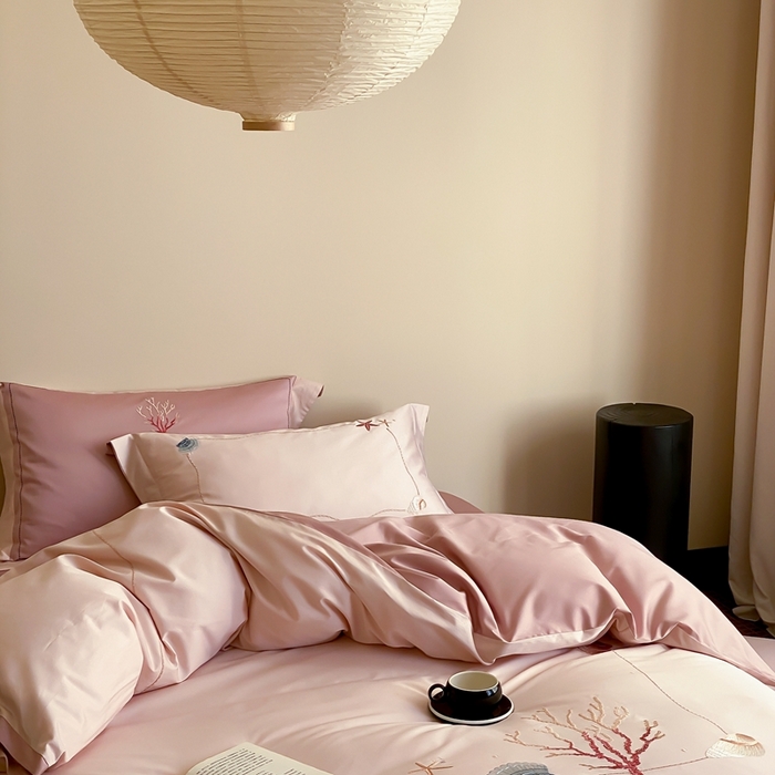 91家纺网 家纺一手货源 找家纺 （总）赫帛 2024新款50s缎纹数码印花长绒棉刺绣四件套-海洋之星