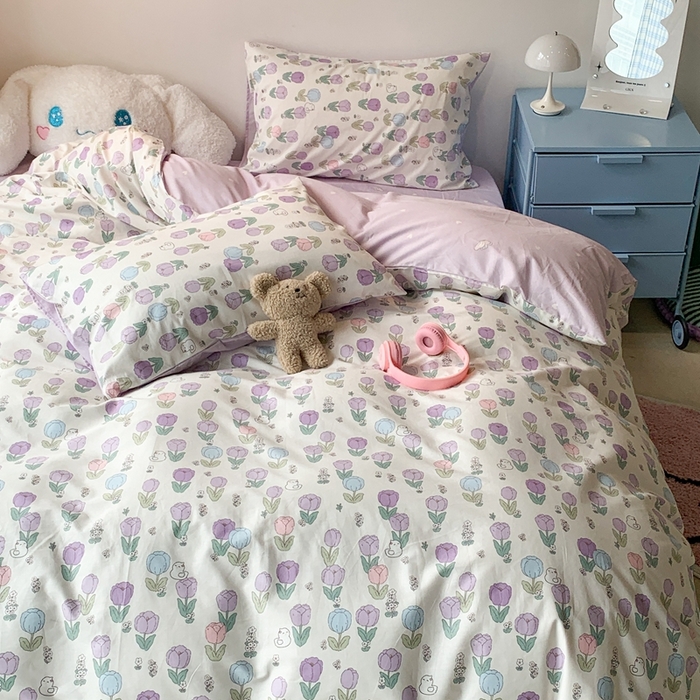 91家纺网 家纺一手货源 找家纺 昔可家纺 2024新款小清新系列全棉四件套 小郁金香猫猫