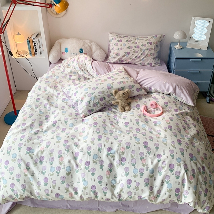 91家纺网 家纺一手货源 找家纺 昔可家纺 2024新款小清新系列全棉四件套 小郁金香猫猫