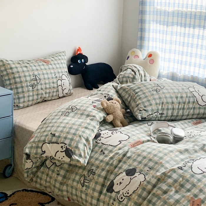 91家纺网 家纺一手货源 找家纺 昔可家纺 2023新款12月卡通全棉四件套 绿格子狗狗