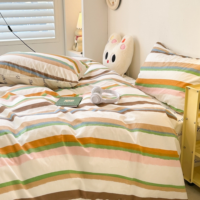 91家纺网 家纺一手货源 找家纺 昔可家纺 2024新款简约风全棉四件套 幸运彩条