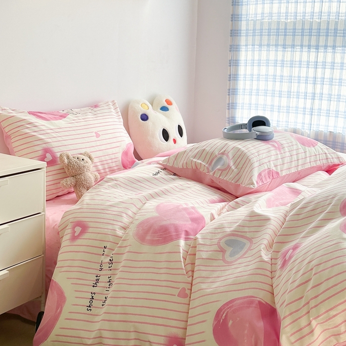 91家纺网 家纺一手货源 找家纺 昔可家纺 2024新款简约风全棉四件套 粉条爱心