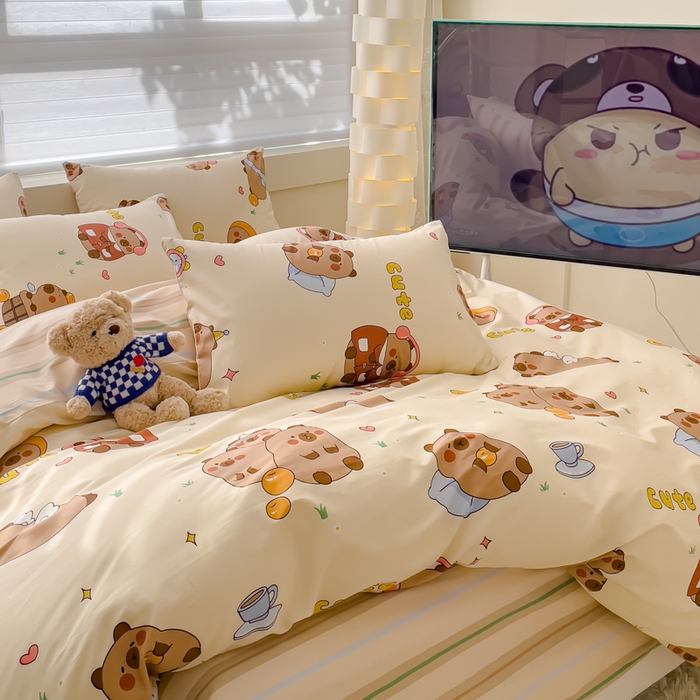 91家纺网 家纺一手货源 找家纺 金丝鸟 2024新款全棉四件套可爱卡通系列四件套 音乐皮卡