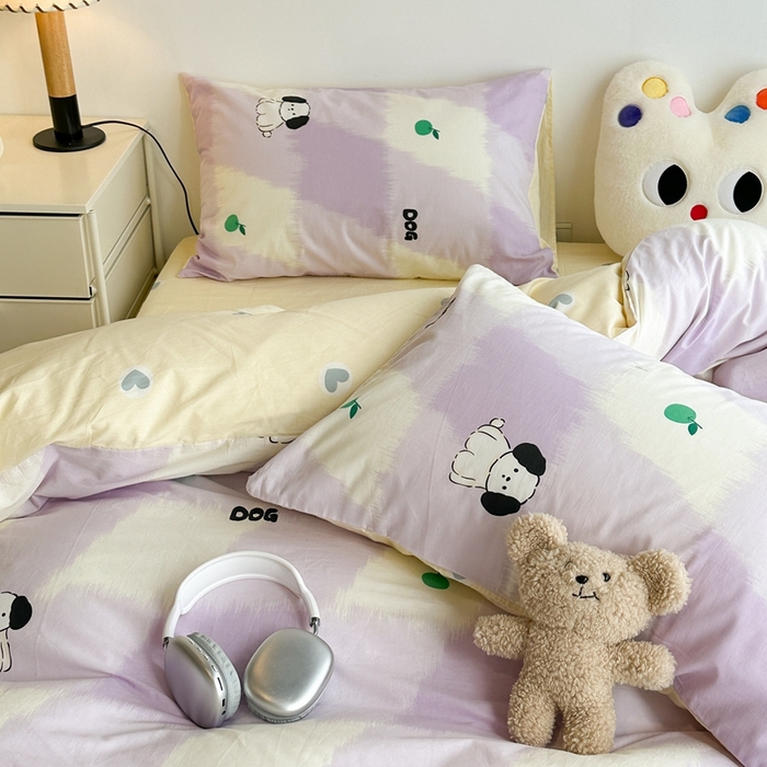 91家纺网 家纺一手货源 找家纺 昔可家纺 2024新款潮趣卡通系列全棉四件套 紫格苹果狗