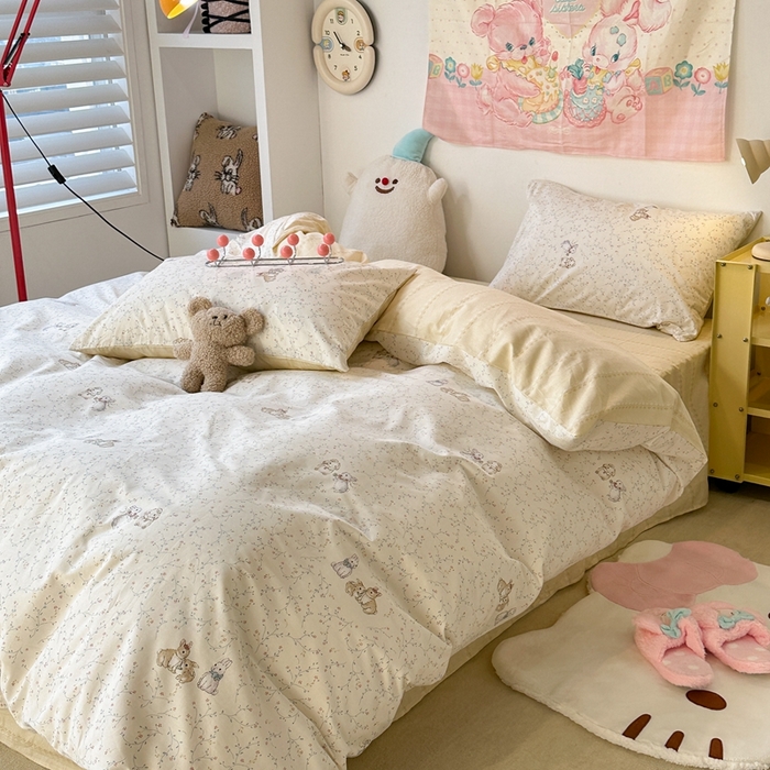 91家纺网 家纺一手货源 找家纺 昔可家纺 2024新款小清新系列全棉四件套 花枝兔