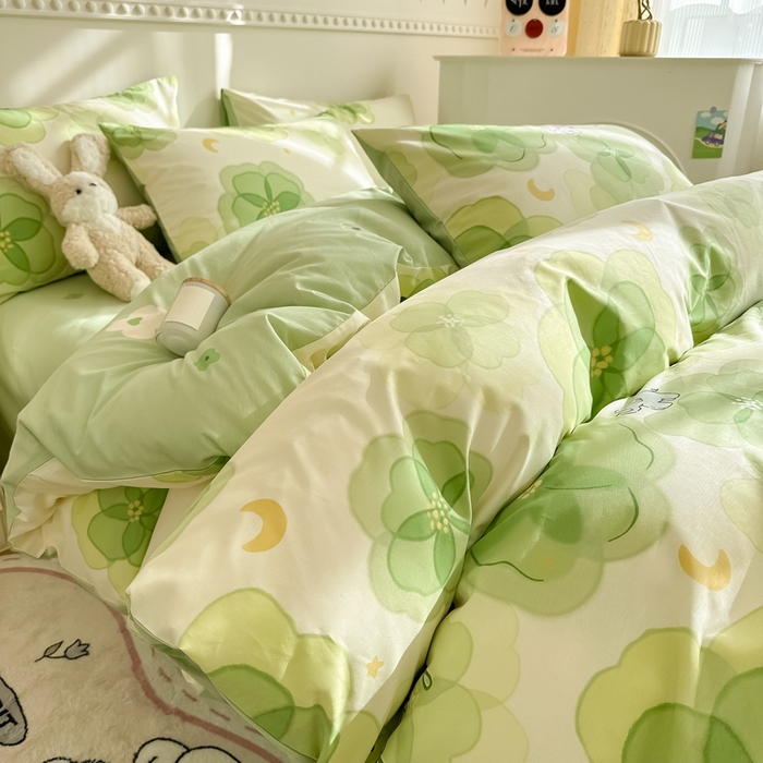 91家纺网 家纺一手货源 找家纺 简宜家居 2025新款40支13070全棉斜纹繁花系列四件套 绿影