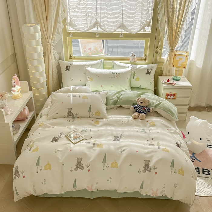 91家纺网 家纺一手货源 找家纺 简宜家居 2025新款40支13070全棉斜纹卡通系列四件套（系列二） 树呆熊