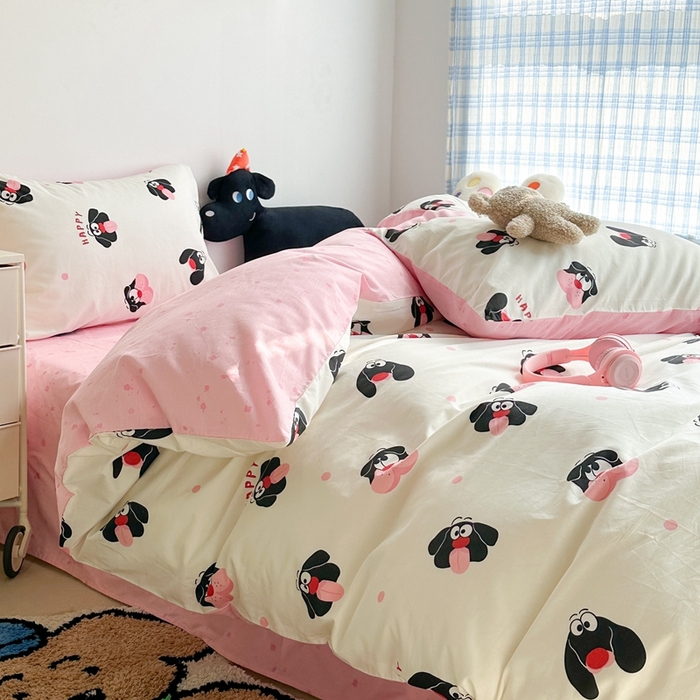 91家纺网 家纺一手货源 找家纺 昔可家纺 2024新款潮趣卡通系列全棉四件套 小黑狗