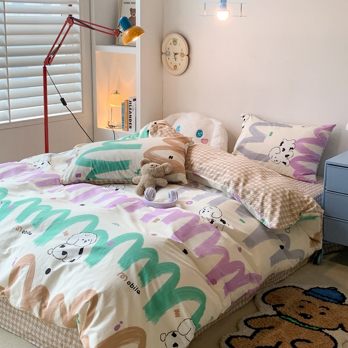 91家纺网 家纺一手货源 找家纺 昔可家纺 2023新款12月卡通全棉四件套 波纹奶狗