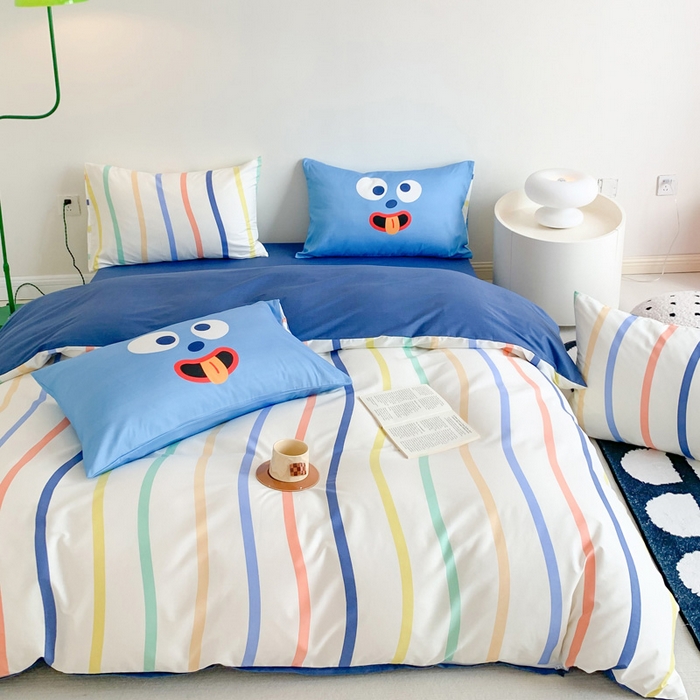 91家纺网 家纺一手货源 找家纺 澳萝拉 2024新款全棉条纹卡通大版四件套 调皮蛋