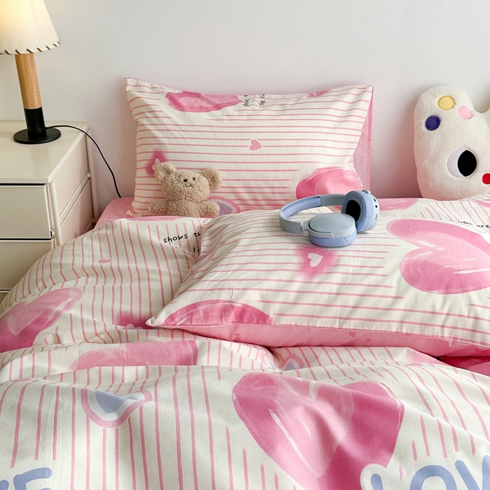 91家纺网 家纺一手货源 找家纺 昔可家纺 2024新款简约风全棉四件套 粉条爱心