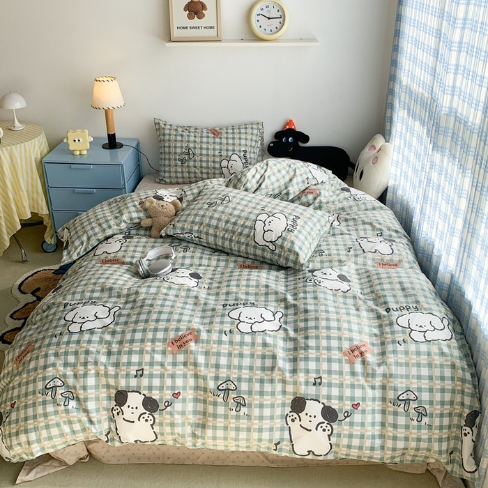 91家纺网 家纺一手货源 找家纺 昔可家纺 2023新款12月卡通全棉四件套 绿格子狗狗