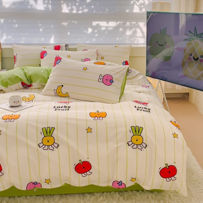 91家纺网 家纺一手货源 找家纺 金丝鸟 2024新款全棉四件套可爱卡通系列四件套 果蔬乐园绿
