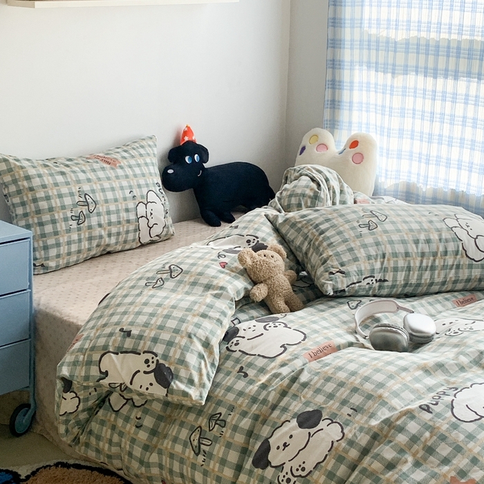 91家纺网 家纺一手货源 找家纺 昔可家纺 2023新款12月卡通全棉四件套 绿格子狗狗