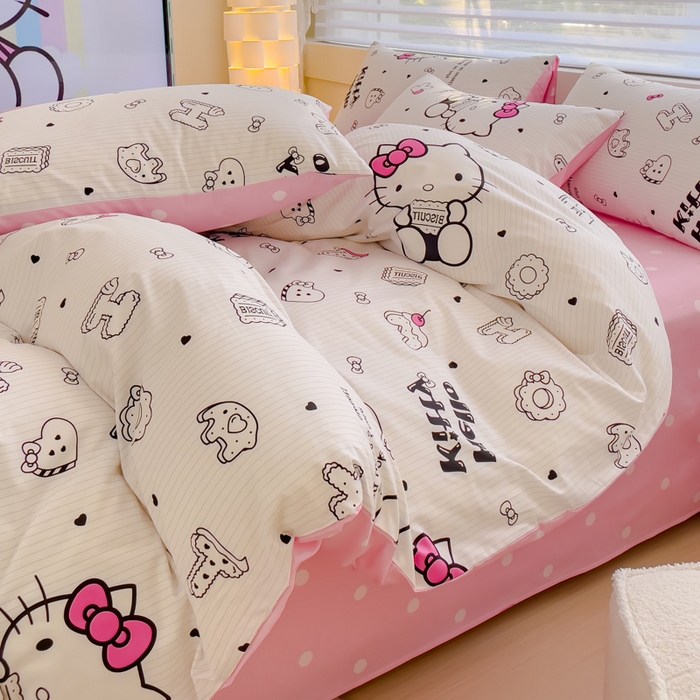 91家纺网 家纺一手货源 找家纺 金丝鸟 2024新款全棉四件套可爱卡通系列四件套 字母kt猫