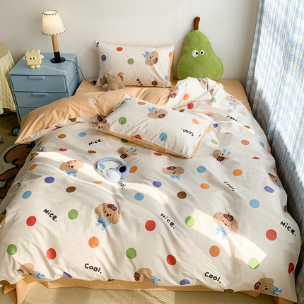 91家纺网 家纺一手货源 找家纺 昔可家纺 2023新款12月卡通全棉四件套 彩波点小狗