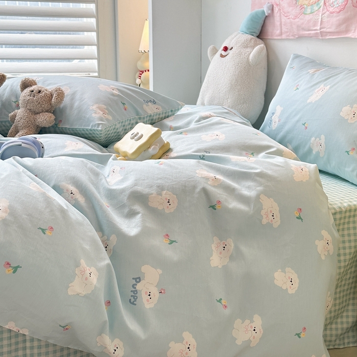 91家纺网 家纺一手货源 找家纺 昔可家纺 2024新款小清新系列全棉四件套 蓝底小奶狗