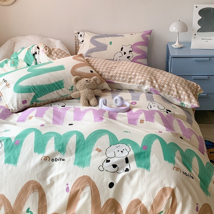 91家纺网 家纺一手货源 找家纺 昔可家纺 2023新款12月卡通全棉四件套 波纹奶狗