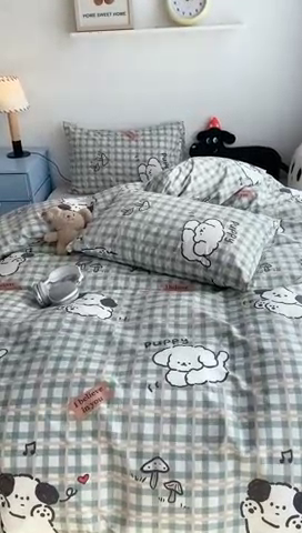 91家纺网 家纺一手货源 找家纺 昔可家纺 2023新款12月卡通全棉四件套 绿格子狗狗