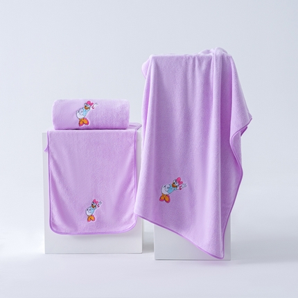 迪士尼毛巾浴巾套装珊瑚绒毛巾浴巾两件套直播引流福利吸水干发巾 黛丝-紫色（简约边）毛巾浴巾套装