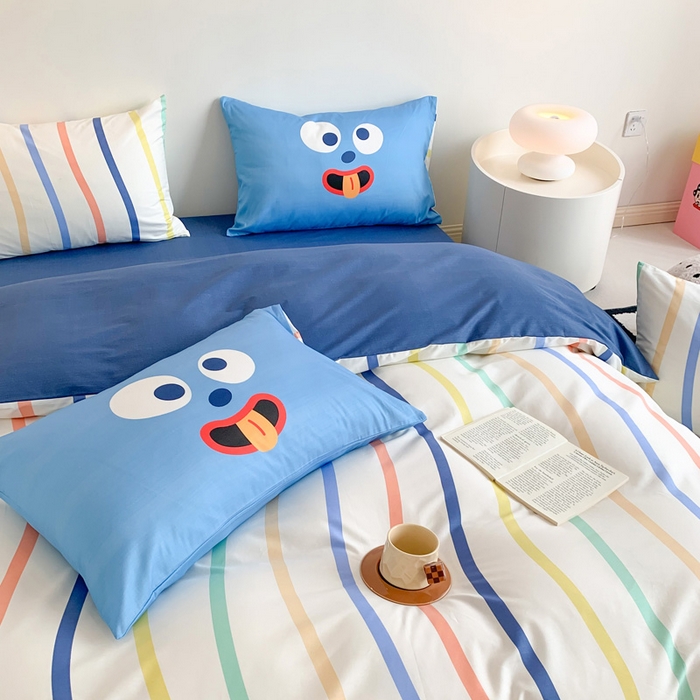 91家纺网 家纺一手货源 找家纺 澳萝拉 2024新款全棉条纹卡通大版四件套 调皮蛋