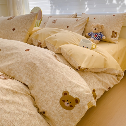 金丝鸟 2024新款全棉四件套可爱卡通系列四件套 咖色波点小熊