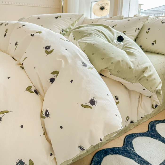 91家纺网 家纺一手货源 找家纺 简宜家居 2025新款40支13070全棉斜纹繁花系列四件套 嫩芽绿