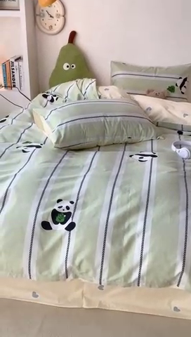91家纺网 家纺一手货源 找家纺 昔可家纺 2024新款潮趣卡通系列全棉四件套 绿条熊猫