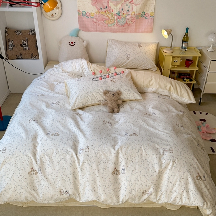 91家纺网 家纺一手货源 找家纺 昔可家纺 2024新款小清新系列全棉四件套 花枝兔