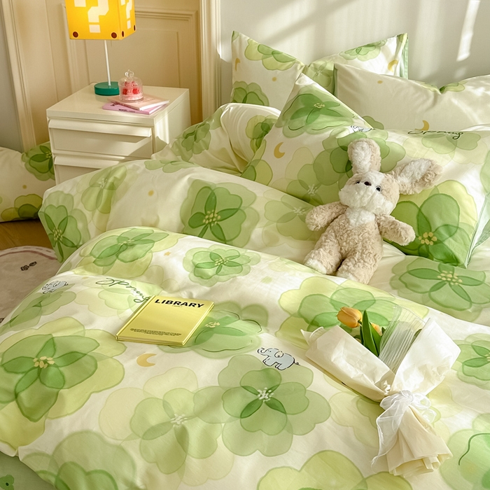 91家纺网 家纺一手货源 找家纺 简宜家居 2025新款40支13070全棉斜纹繁花系列四件套 绿影