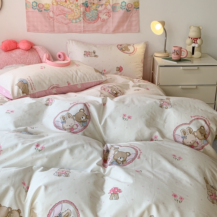 91家纺网 家纺一手货源 找家纺 昔可家纺 2024新款小清新系列全棉四件套 蘑菇小兔熊