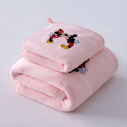 迪士尼毛巾浴巾套装珊瑚绒毛巾浴巾两件套直播引流福利吸水干发巾 kiss-粉（简约边）毛巾浴巾套装